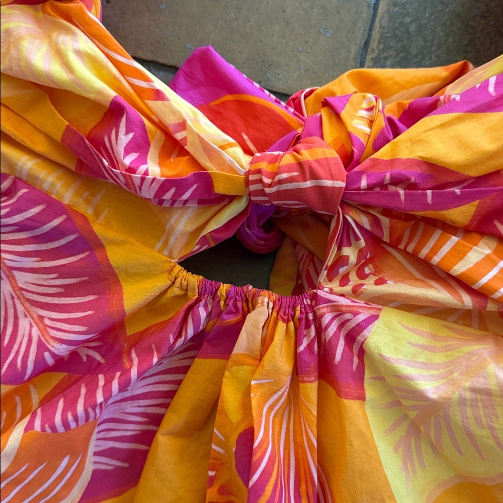 Farm Rio Ombré  Mini Dress Garden Puff Sleeve Orange Yellow Tie Back Bohemian L - Picture 3 of 14